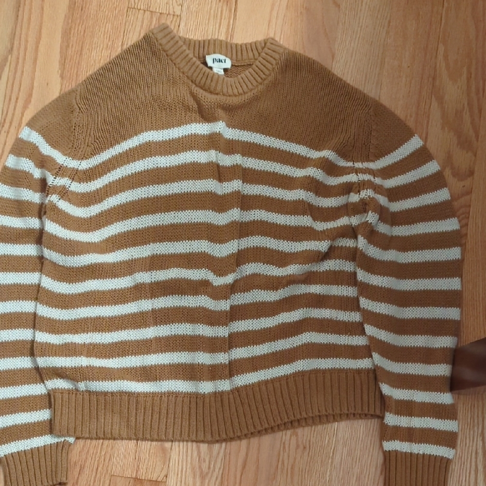 Pact Women's Fisherman's Tan/White Striped Sweater